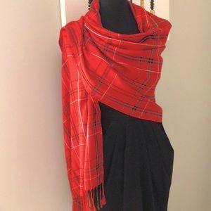 NWOT Pashmina scarf or wrap in plaid print Red, white and black with fringe ends